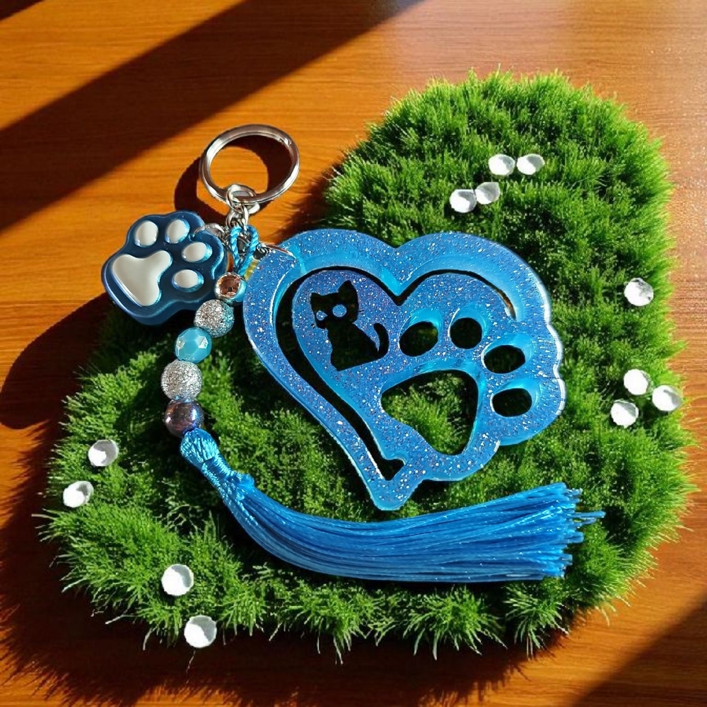 Blue Glitter Heart Keychain with Tassel